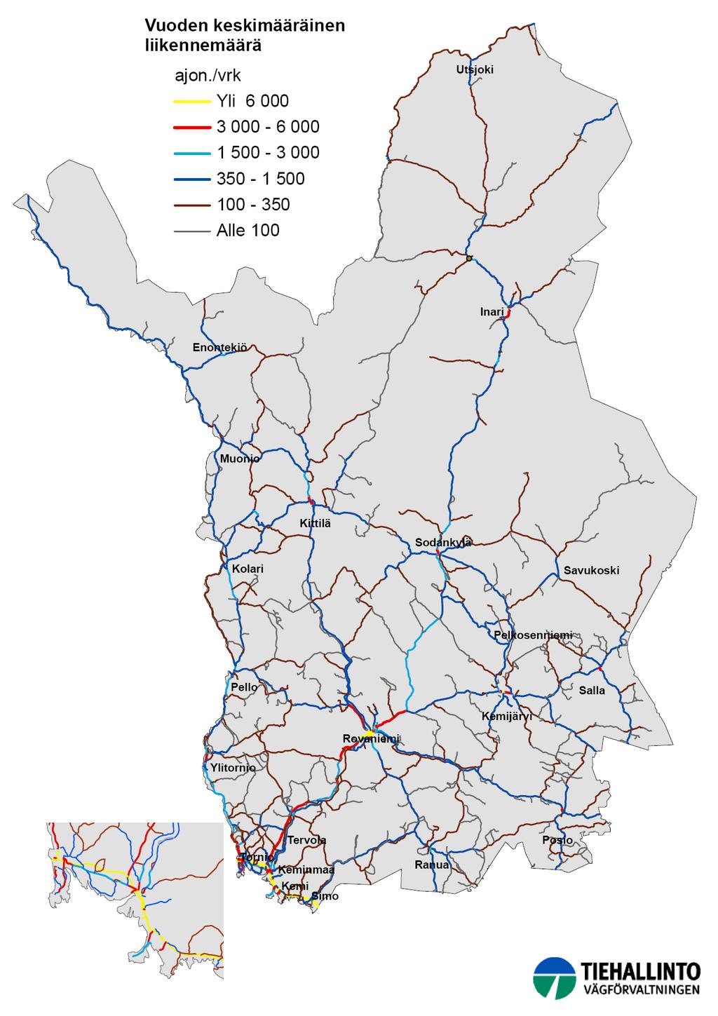 16 Lapin tiepiirin toimintastrategia TOIMINTAYMPÄRISTÖ Liikennemäärät Lapin maanteillä ovat pieniä.