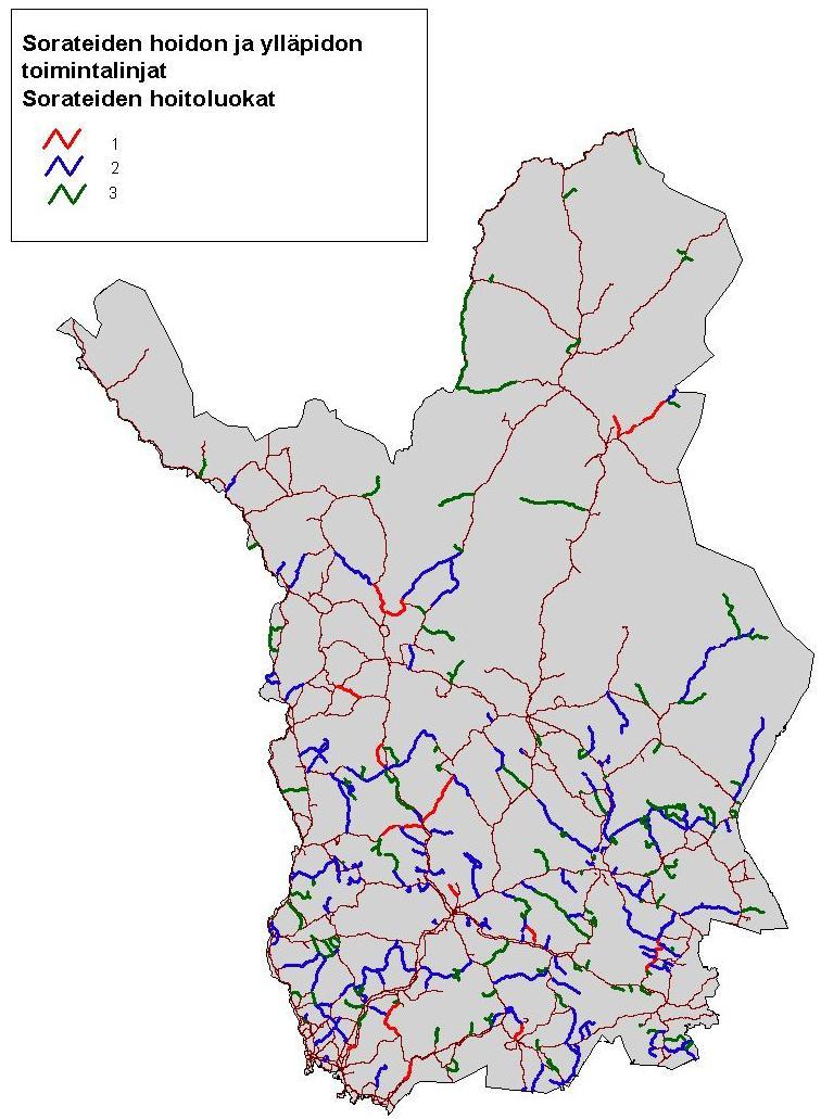 Lapin tiepiirin toimintastrategia HOITO 37 Sorateiden toimintalinjojen mukaisesti soratiet on jaettu kolmeen luokkaan (taulukko 7, kuva 12).