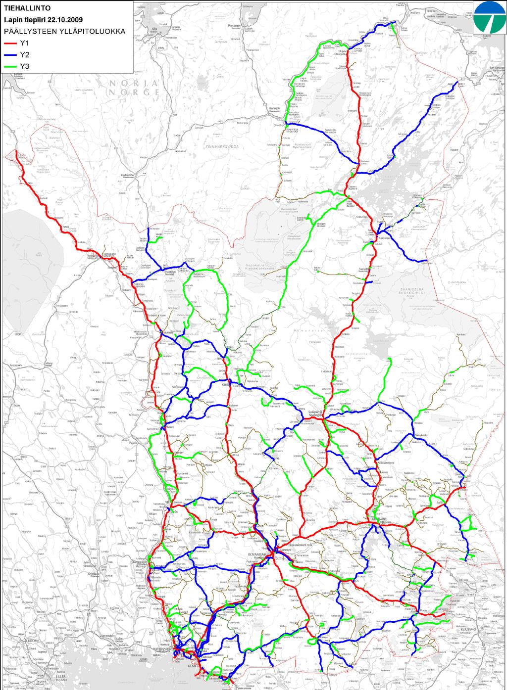 Lapin tiepiirin toimintastrategia YLLÄPITO 45 Kuva 14. Päällystetyt tiet ylläpitoluokittain Lapissa.