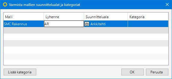 Vahvista suunnittelualaehdotus tai vaihda se oikeaksi klikkaamalla Suunnitteluala sarakkeella. Voit myös lisätä suunnittelualalle kategorian kohdasta lisää kategoria.