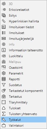 rakennuksen vaipan koon energialaskelmia varten. Voidaan laskea kappalemääriä, tilavuuksia ja paljon muuta. (Kuva 16). Kuva 7 Näkymien lisääminen Kaikki lisävalikot avautuvat ns. kelluvina ikkunoina.