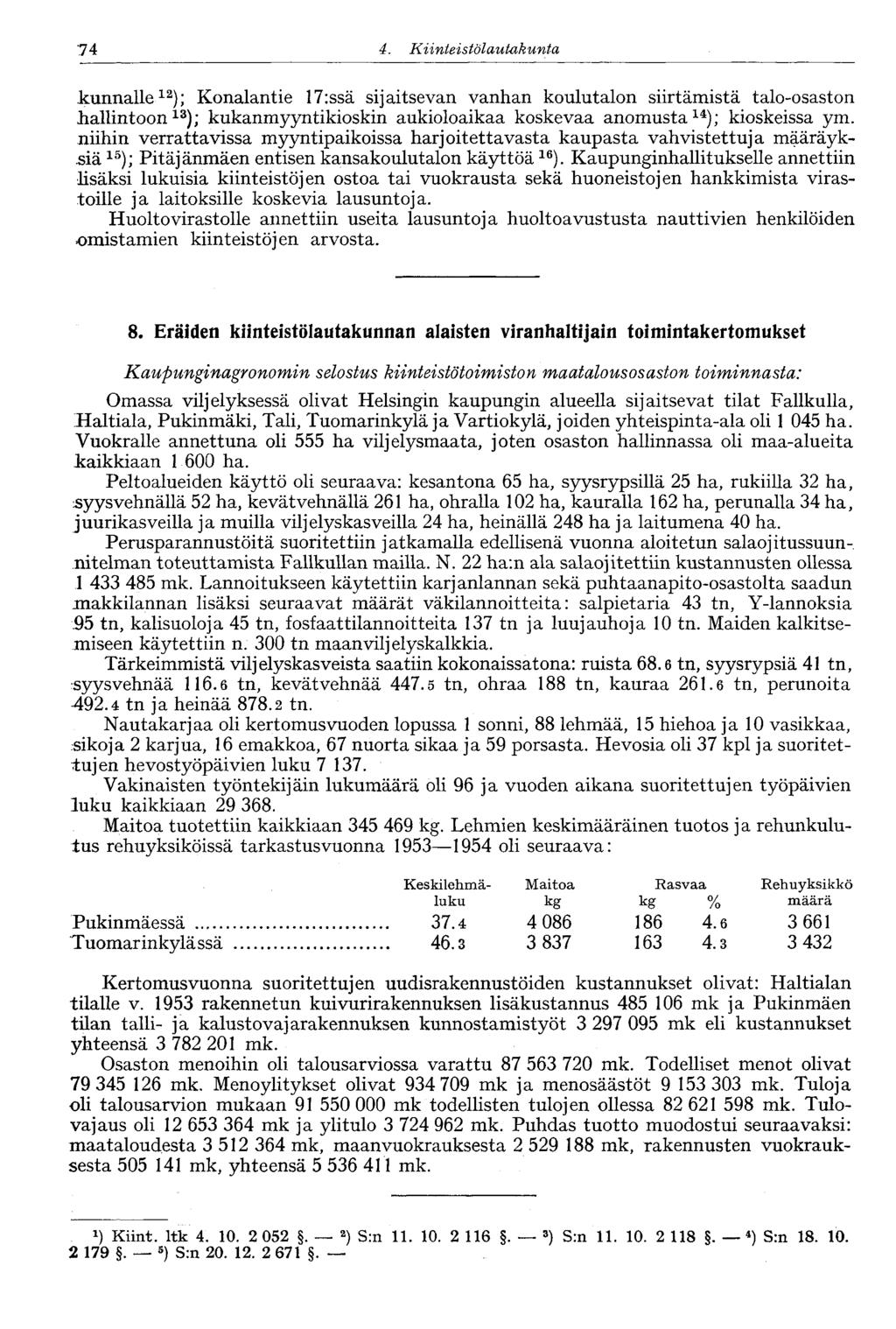 74 d. Kiinteistölautakunta, 74 kunnalle 12 ); Konalantie 17:ssä sijaitsevan vanhan koulutalon siirtämistä talo-osaston hallintoon 13 ); kukanmyyntikioskin aukioloaikaa koskevaa anomusta 14 );