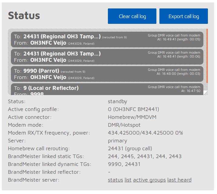 Kuva 4: SharkRF OpenSpot Status, puheloki uudelleenohjauksen ollessa päällä 2.1.