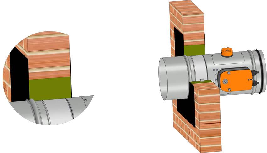 Asennus kiviseinään, paksuus vähintään 00 mm. Pellin ja seinän väli täytetään laastilla tai kipsillä. EIS 0 EIS 0 Position:. Palopelti Fire damper FDMD FDMD.