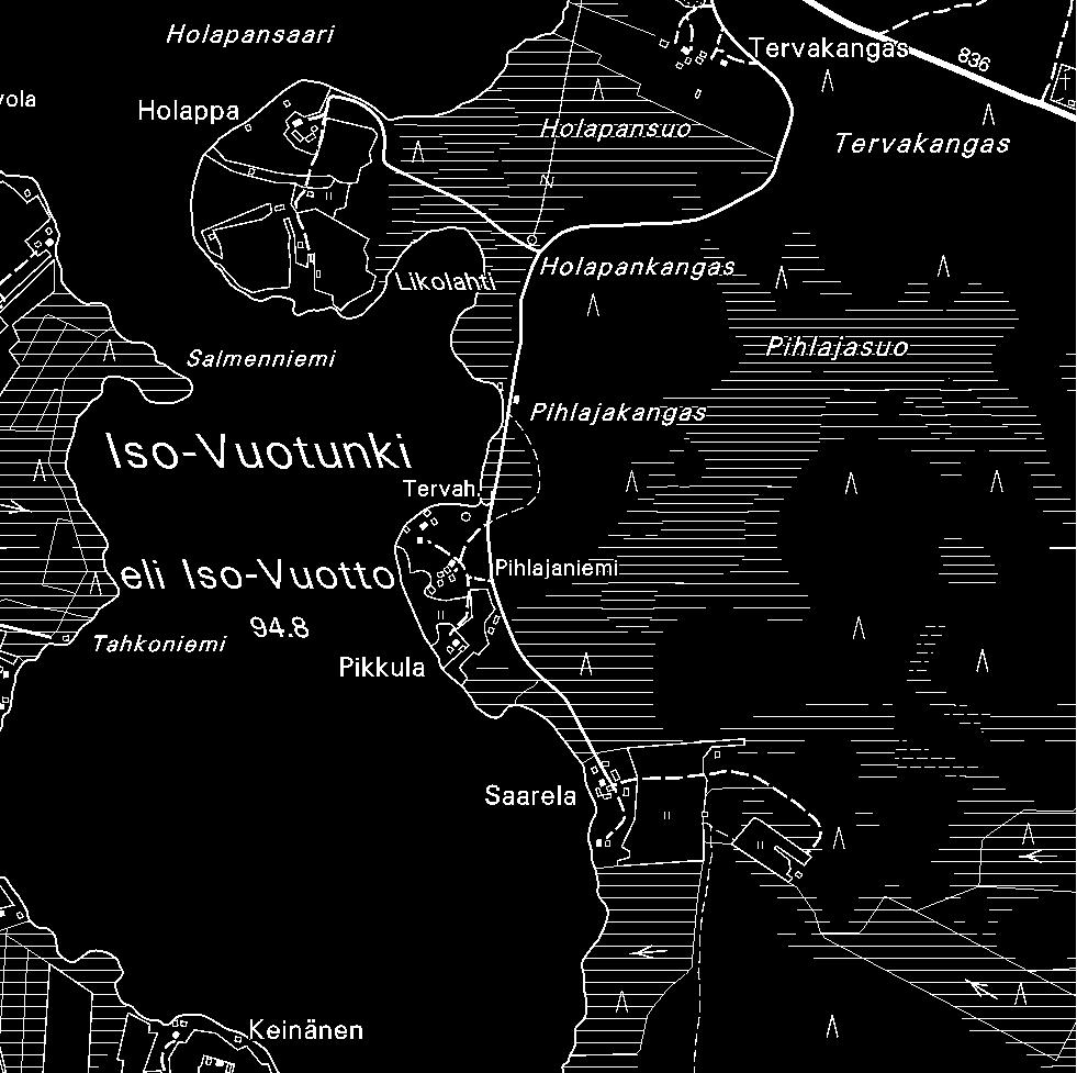 Ylikiimingissä tutkitut suot ja niiden turvevarat Osa 9 22 Pihlajasuo Pihlajasuo (kl 3424 05, x = 7204,1, y = 3479,4) sijaitsee Yli-Vuotossa noin 22 km kunnan keskustasta kaakkoon Suo rajoittuu