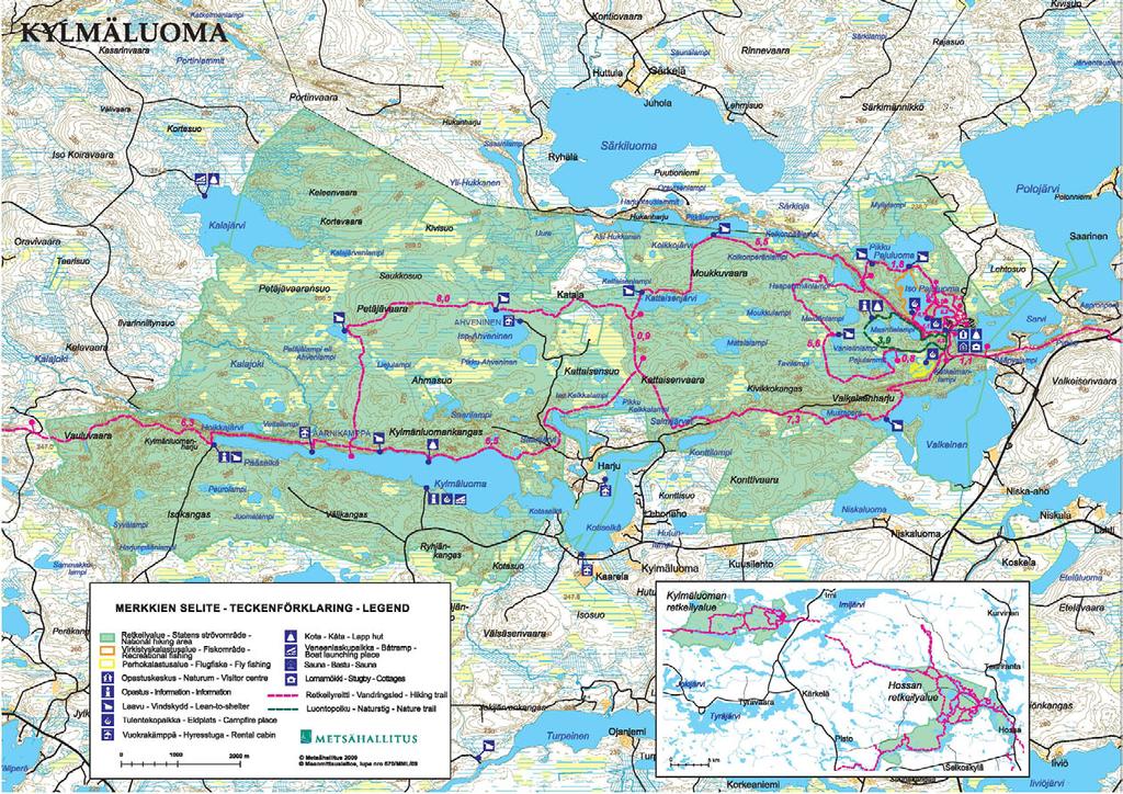 Kuva 3. Kylmäluoman retkeilyalueen kesäajan palvelut. Metsähallitus 2011, Maanmittauslaitos 1/MML/11. Taulukko 2. Kylmäluoman retkeilyaluetta kuvaavat tärkeimmät tiedot v. 2010.