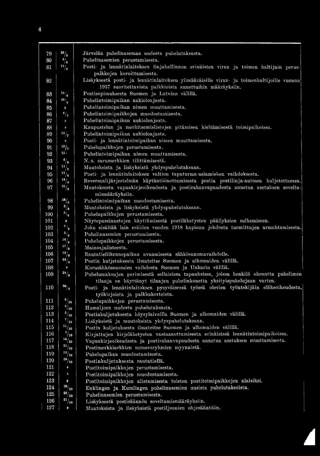 82 Lisäyksestä posti- ja lennätinlaitoksen ylimääräisille viran- ja toimenhaltijoille vuonna 1937 suoritettavista palkkioista annettuihin määräyksiin.