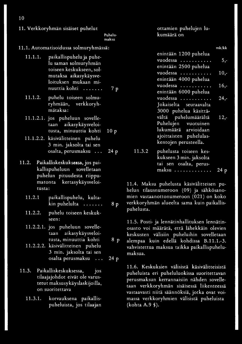 jaksolta tai sen osalta, perusmaksu... 24 p 11.2. Paikalliskeskuksessa, jos paikallispuheluun sovelletaan puhelun pituudesta riippum atonta kertasykäysveloitusta: 11.2.1 paikallispuhelu, kultakin puhelulta.