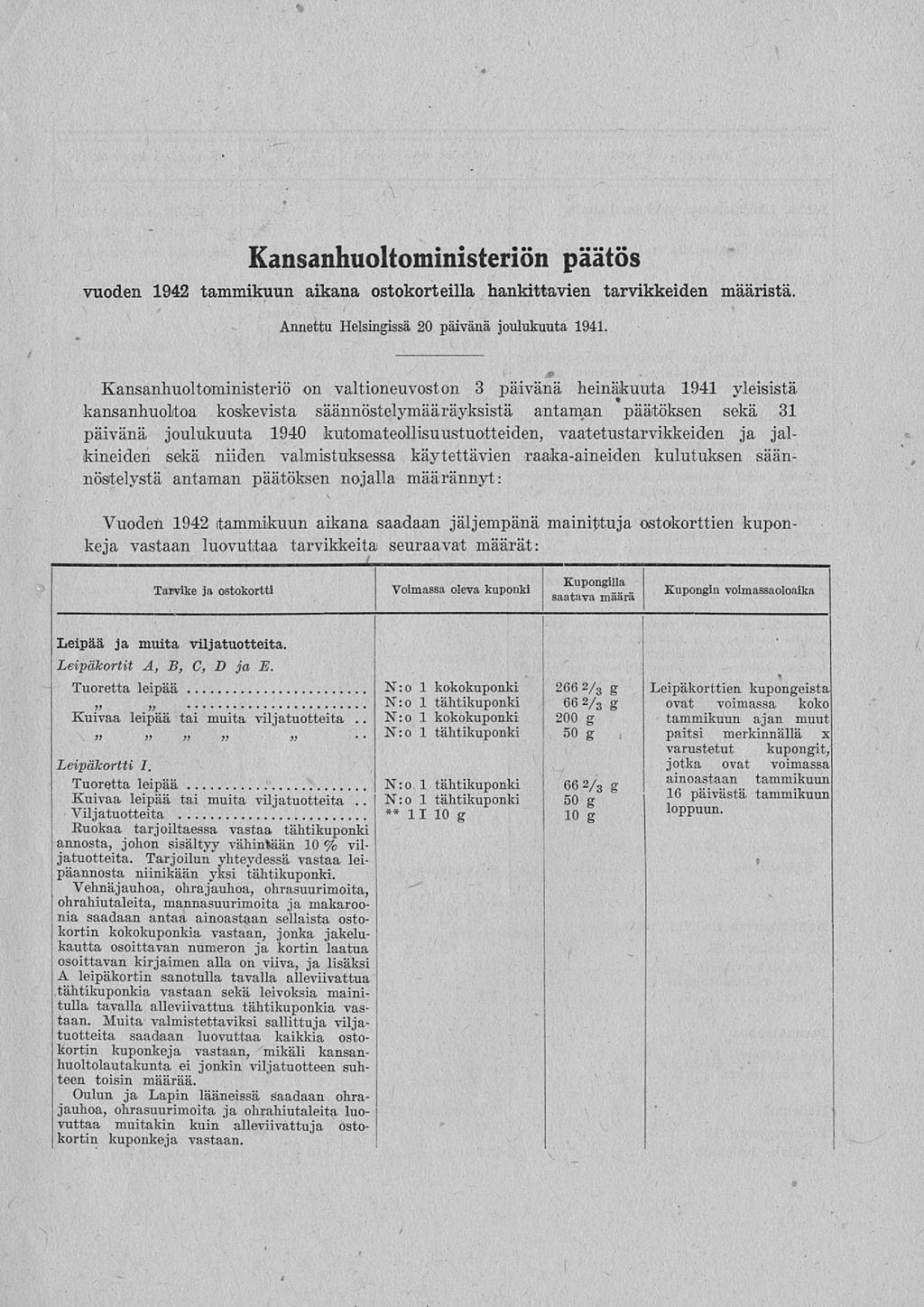 N:o N: N:o Kansanhuoltoministeriön päätös vuoden 1942 tammikuun aikana ostokorteilla hankittavien tarvikkeiden määristä. Annettu Helsingissä 20 päivänä joulukuuta 1941.