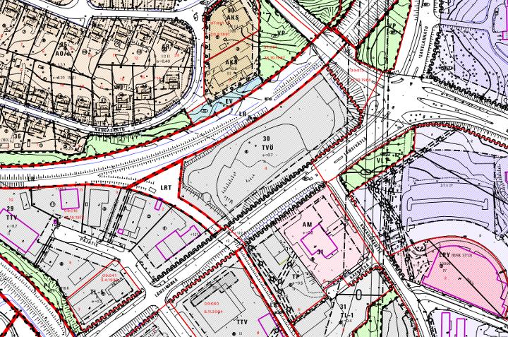 0,84 ha, teollisuus- ja liikerakennusten korttelialuetta (TL-5) n. 0,31ha, katualuetta (Länsiväylä) sekä teollisuusraidealue (LRT). Rakennusoikeus on asemakaavan muutosalueella tehokkuusluvulla e=0.