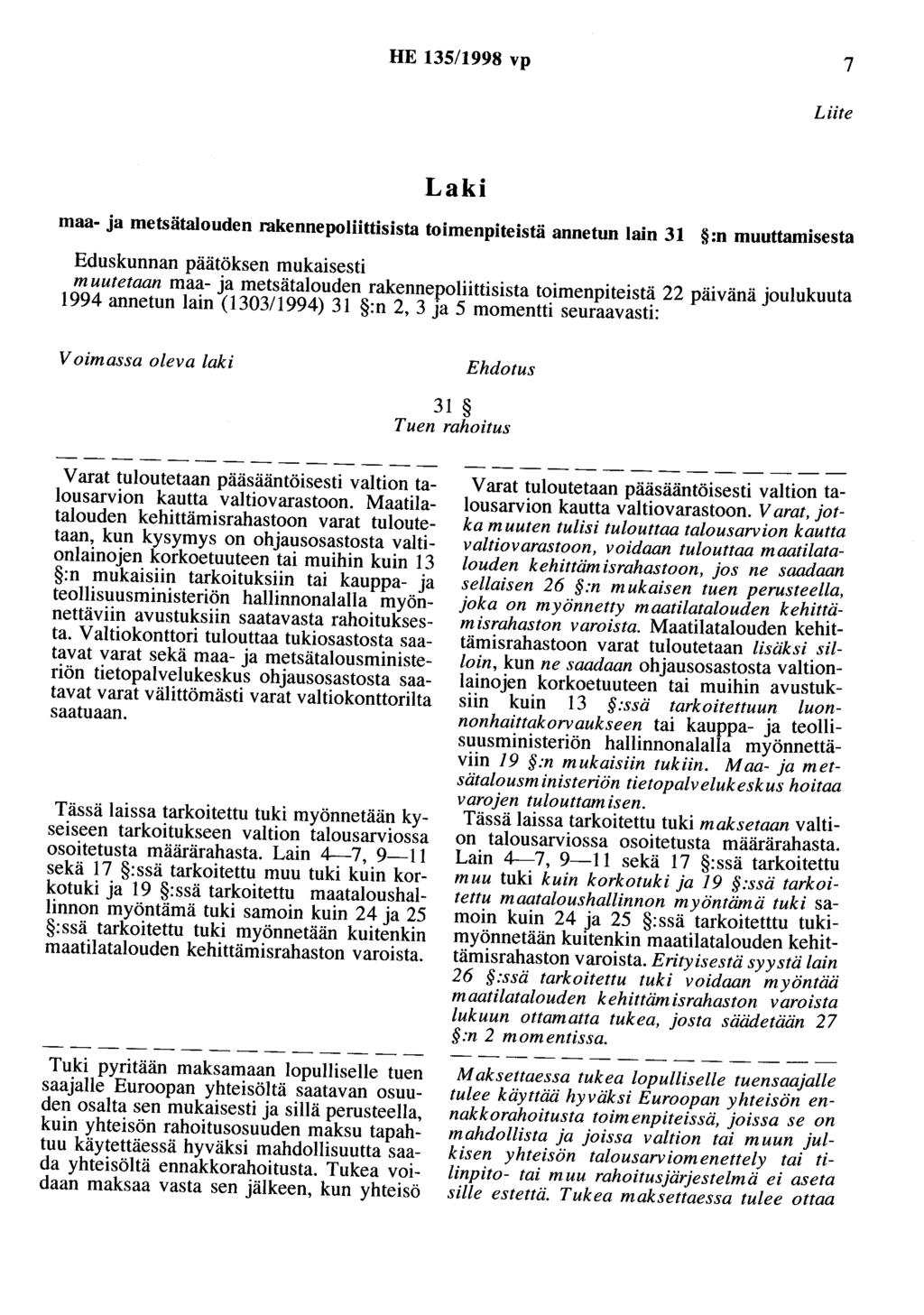 HE 135/1998 vp 7 Liite Laki maa- ja metsätalouden rakennepoliittisista toimenpiteistä annetun lain 31 :n muuttamisesta Eduskunnan päätöksen mukaisesti muutetaan maa- ja metsätalouden