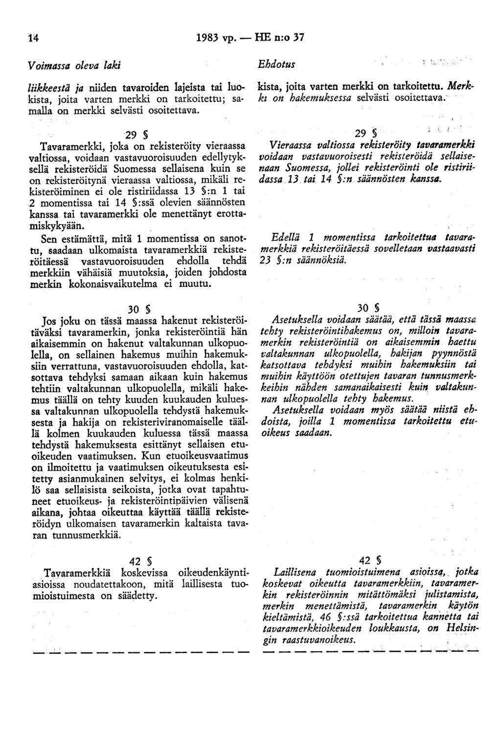 1983 vp. - HE n:o 37 Voimassa oleva laki liikkeestä ja niiden tavaroiden lajeista tai luokista, joita varten merkki on tarkoitettu; sa maila on merkki selvästi osoitettava.