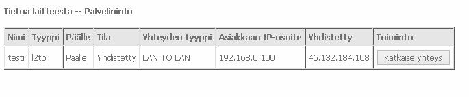 3. Valitaan kohta Tietoa laitteesta / VPN / asiakasinfo tarkistaaksesi yhteyden tilan. i. Tila- kohdassa lukee yhdistetty, kun yhteys on muodostunut ii.