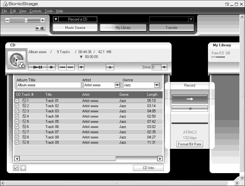 SonicStage-ohjelman käyttäminen Äänidatan siirtäminen Tässä luvussa neuvotaan, miten tallennat äänidataa ääni-cd-levyltä tietokoneen kiintolevylle SonicStage-ohjelmiston My Library -kansioon.