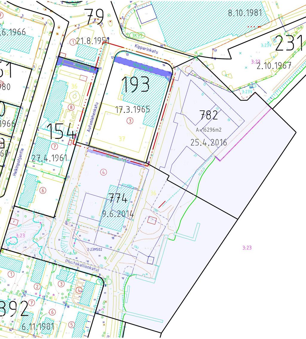 - Arkistonumero 79, 21.8.1951, jossa kaavamuutosalue on katualuetta (Automiehenkatu) Kaavamuutosalueen vieressä ovat vuonna 2014 ja 2016 vahvistuneet asuinkerrostaloalueen kaavat (774, 782).