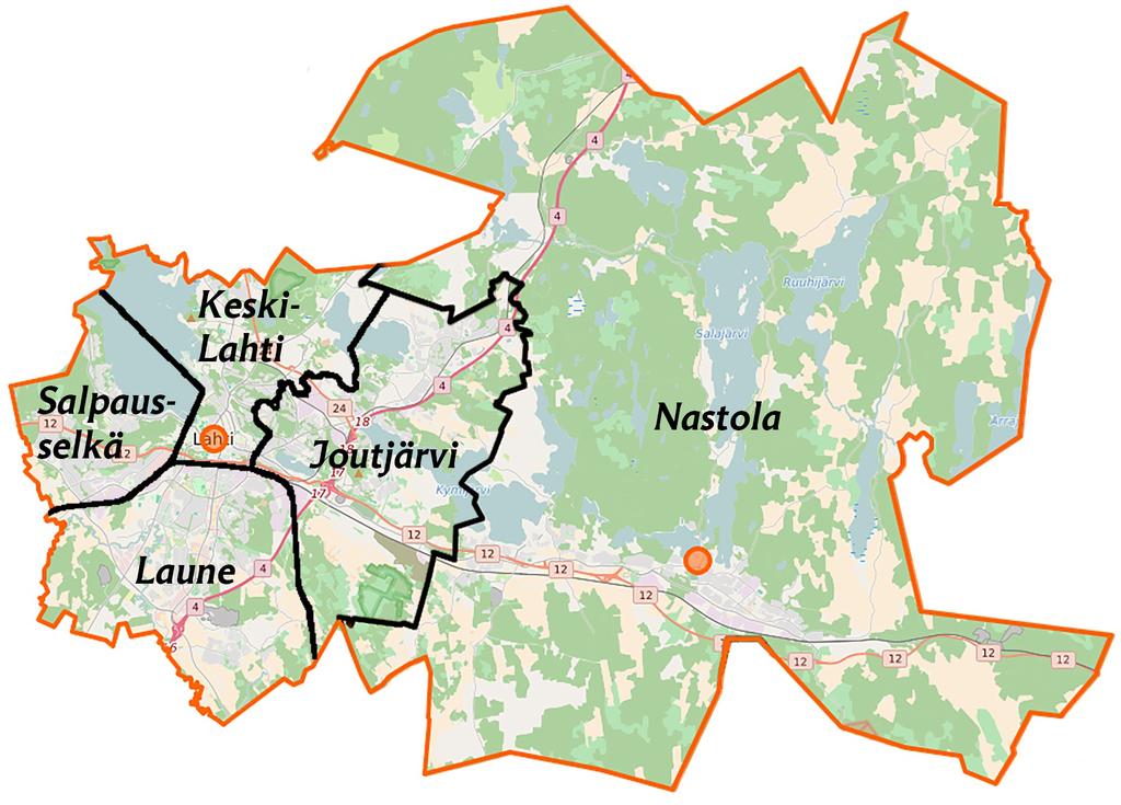 Yleisperustelut Sivu 4 Verotulojen keskiarvo vuosina 2012-2015 oli 19,4 miljoonaa euroa. Nastolan veroprosenttimuutoksella korjattu keskiarvo oli 19,2 miljoonaa euroa. 2.4 Väkiluku- ja pinta-alatietoja Lahden seurakuntayhtymän väkiluku 31.