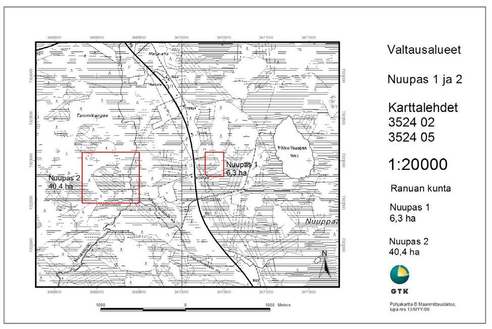 2 Kuva 1. Valtausalueen Nuupas 2 sijainti. Fig. 1. Location of the claim Nuupas 2. 1.3 Alueen yleisgeologia Ennen näitä tutkimuksia alueen geologia on ollut huonosti tunnettu.