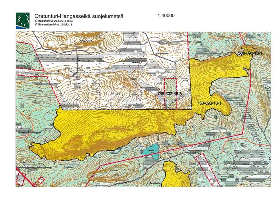 164 Kuva 17-2. Oratunturi-Hangasselän Metsähallituksen suojelumetsä. 17.2 Vaikutukset Hankealueen lähin suojelualue on Metsähallituksen omalla päätöksellään perustama Oratunturi-Hangasselän suojelumetsä.