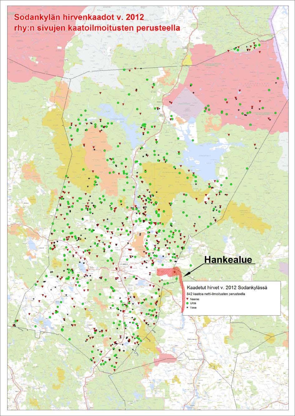 190 Kuva 21-1. Sodankylän kunnan alueella suoritetut hirvenkaadot vuonna 2012.