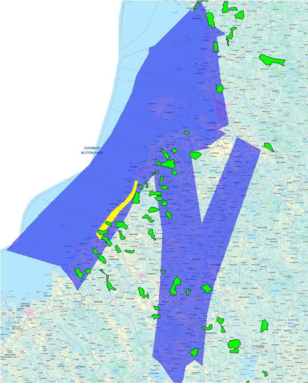 YHDISTELMÄ TARKASTELTUJEN LAJIEN MUUTTOREITEISTÄ, KELTAISELLA KALAJOEN- PYHÄJOEN PULLONKAULA Tuulivoima-alueista puolet