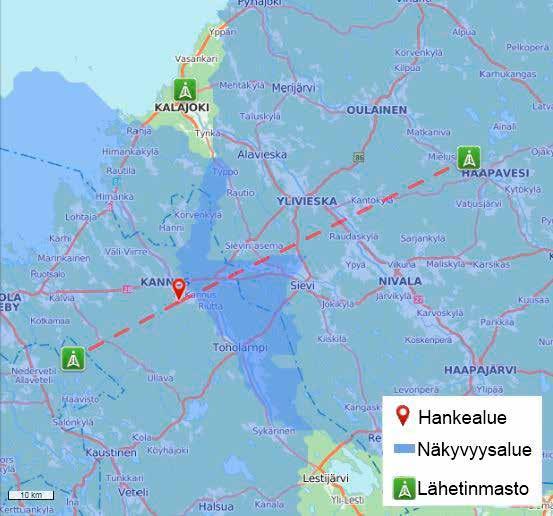 Sähkönsiirtoon liittyvät ympäristövaikutukse 11. Sähkönsiirtoon liittyvät ympäristövaikutukset Kuva 100. Kruunupyyn ja Haapaveden TV-lähetysasemien näkyvyysalueet (Digita 2013).