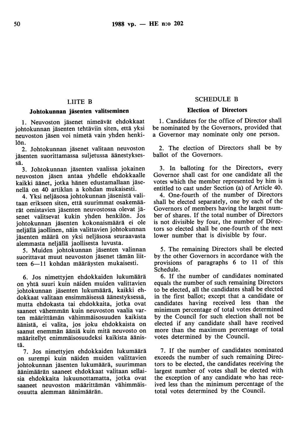 1988 vp. - HE n:o 202 LIITE B Johtokunnan jäsenten valitseminen 1. Neuvoston jäsenet nimeävät ehdokkaat johtokunnan jäsenten tehtäviin siten, että yksi neuvoston jäsen voi nimetä vain yhden henkilön.