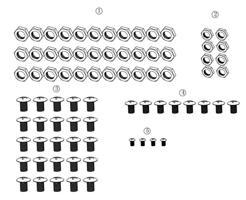 Kiinnitysvälineet. 1. 33 X M6 mutterit 2. 8 X M5 mutterit 3.