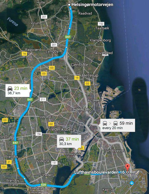 Lentokentälle voi ajaa joko Kööpenhaminan keskustan kautta tai kiertäen kehätietä E47. Tätä reittiä käytettäessä pitää varmaan jättää muutama viimeinen satamamajakka väliin.