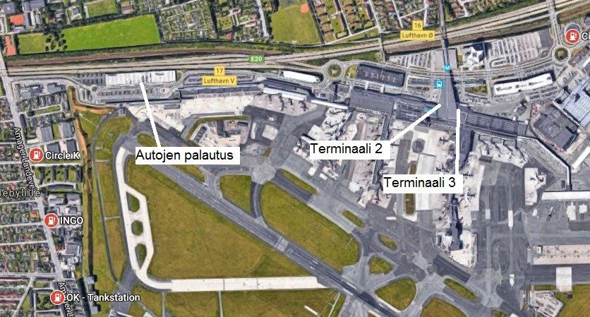siltamaksu. Lentokenttä on kuvassa alhaalla oikealla ja Kööpenhaminan keskusta oikeanpuoleisimman vaihtoehdon (bussimatka) kohdalla. Kartta Kööpenhaminan lentokentästä.