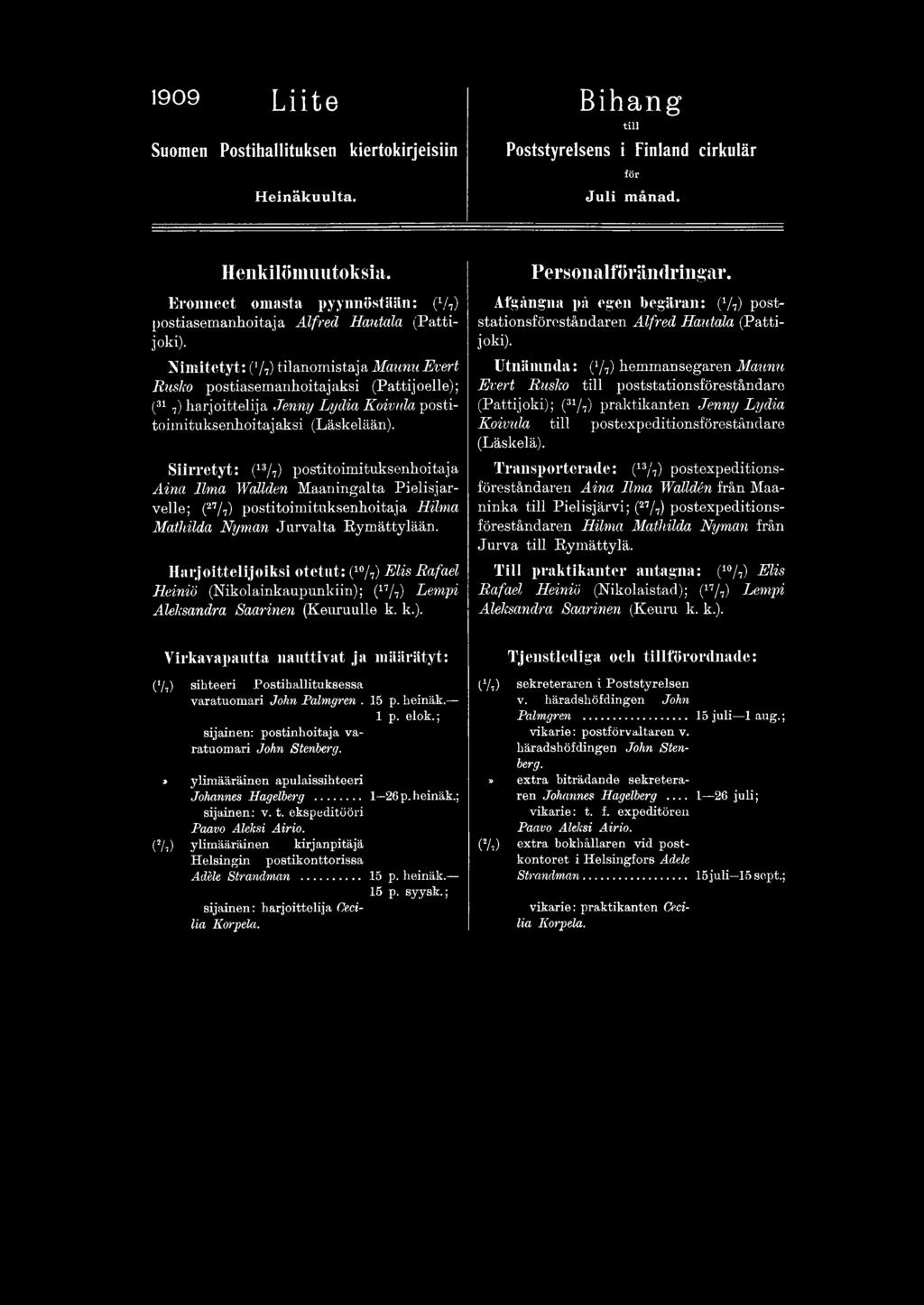 Nimitetyt: (>/7) tilanomistaja Maunu Evert Rusko postiasemanhoitajaksi (Pattijoelle); (31 7) harjoittelija Jenny Lydia Koivula postitoimituksenhoitajaksi (Läskelään).