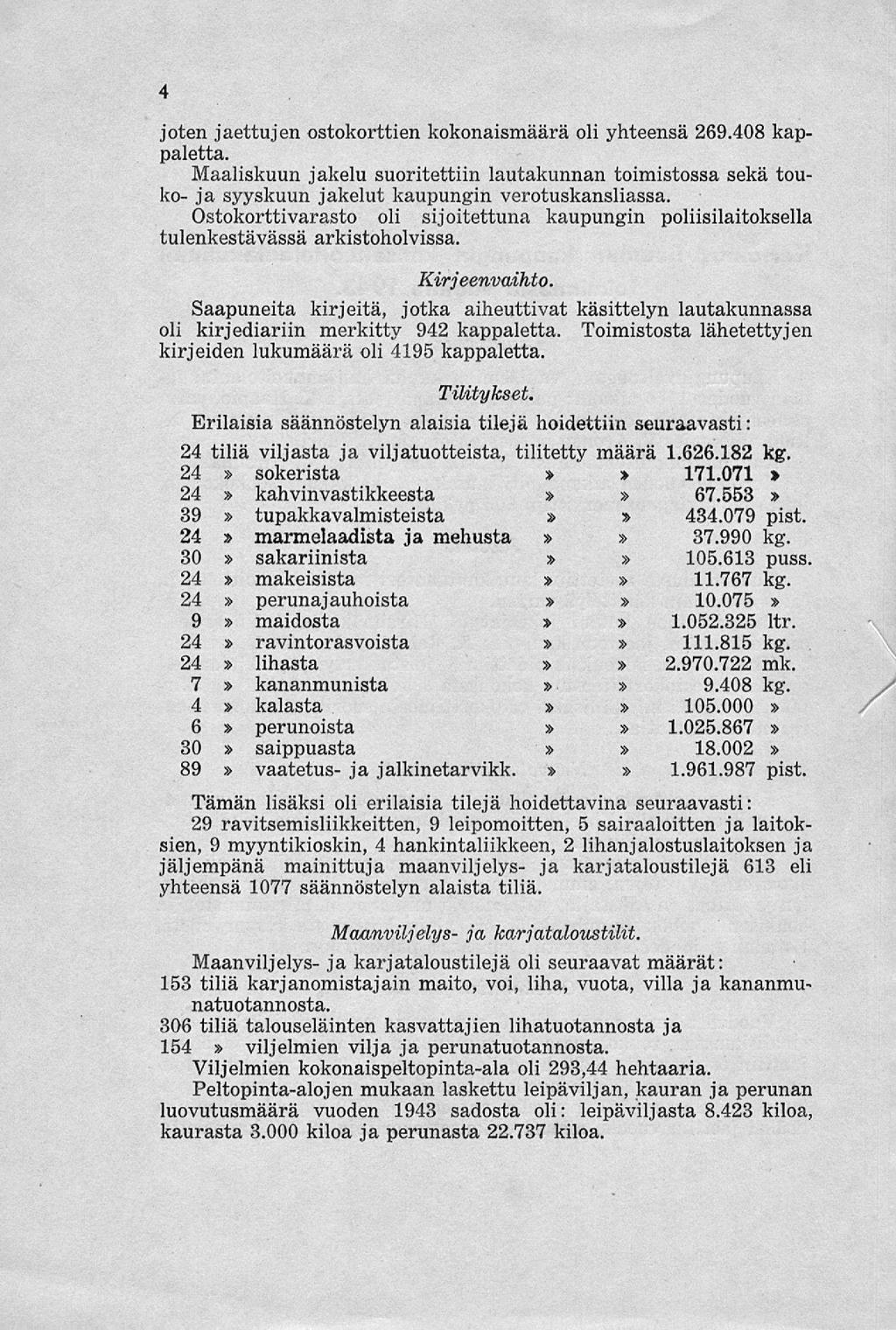 4 joten jaettujen ostokorttien kokonaismäärä oli yhteensä 269.408 kappaletta. Maaliskuun jakelu suoritettiin lautakunnan toimistossa sekä touko- ja syyskuun jakelut kaupungin verotuskansliassa.