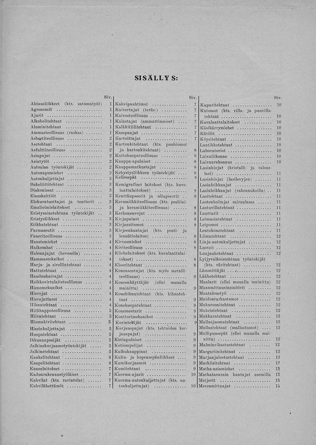 7 8 SISÄLLYS: Siv 13 Ahtausliikkeet (kts satamatyöt) 1 Kahvipaahtimot 7 Kuparitehtaat 10 Agronomit 1 Kaivertajat (teräs-) 7 Kutomot (kts villa- ja puuvillatehtaat Ajurit 1 Kaivosteollisuus 7 10