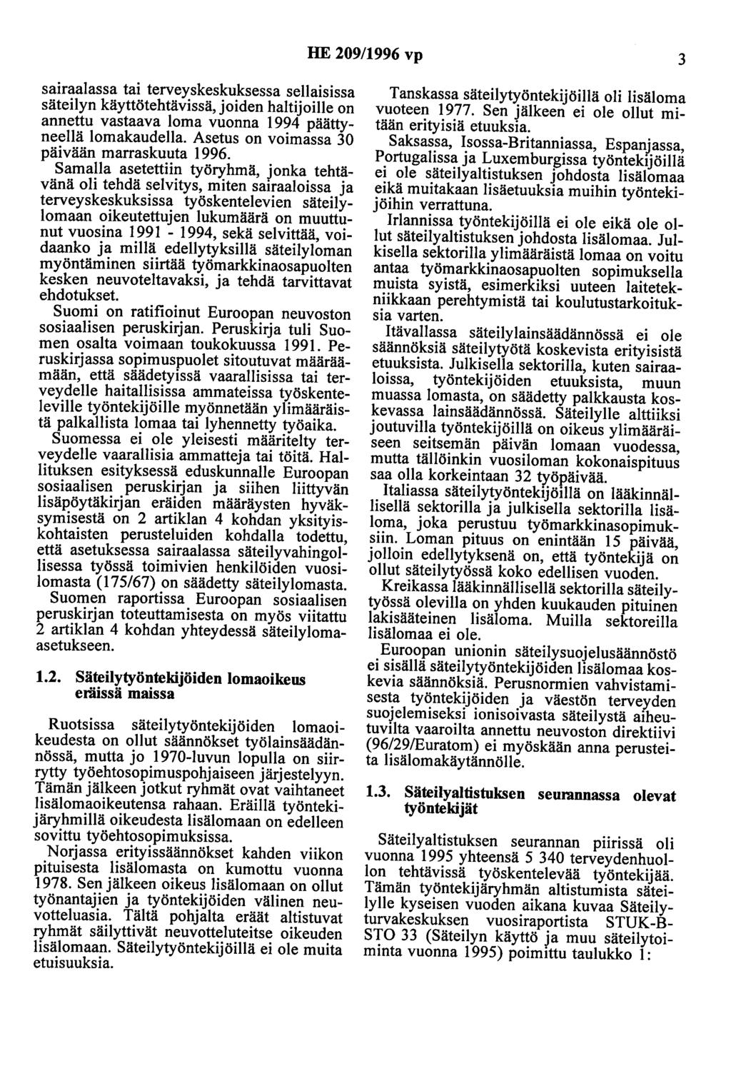 HE 209/1996 vp 3 sairaalassa tai terveyskeskuksessa sellaisissa säteilyn käyttötehtävissä, joiden haitijoille on annettu vastaava loma vuonna 1994 päättyneellä lomakaudella.