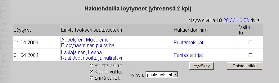 Hakutulokset linkistä saat listan kaikista eri hakuehdoilla löytyneistä teoksista.