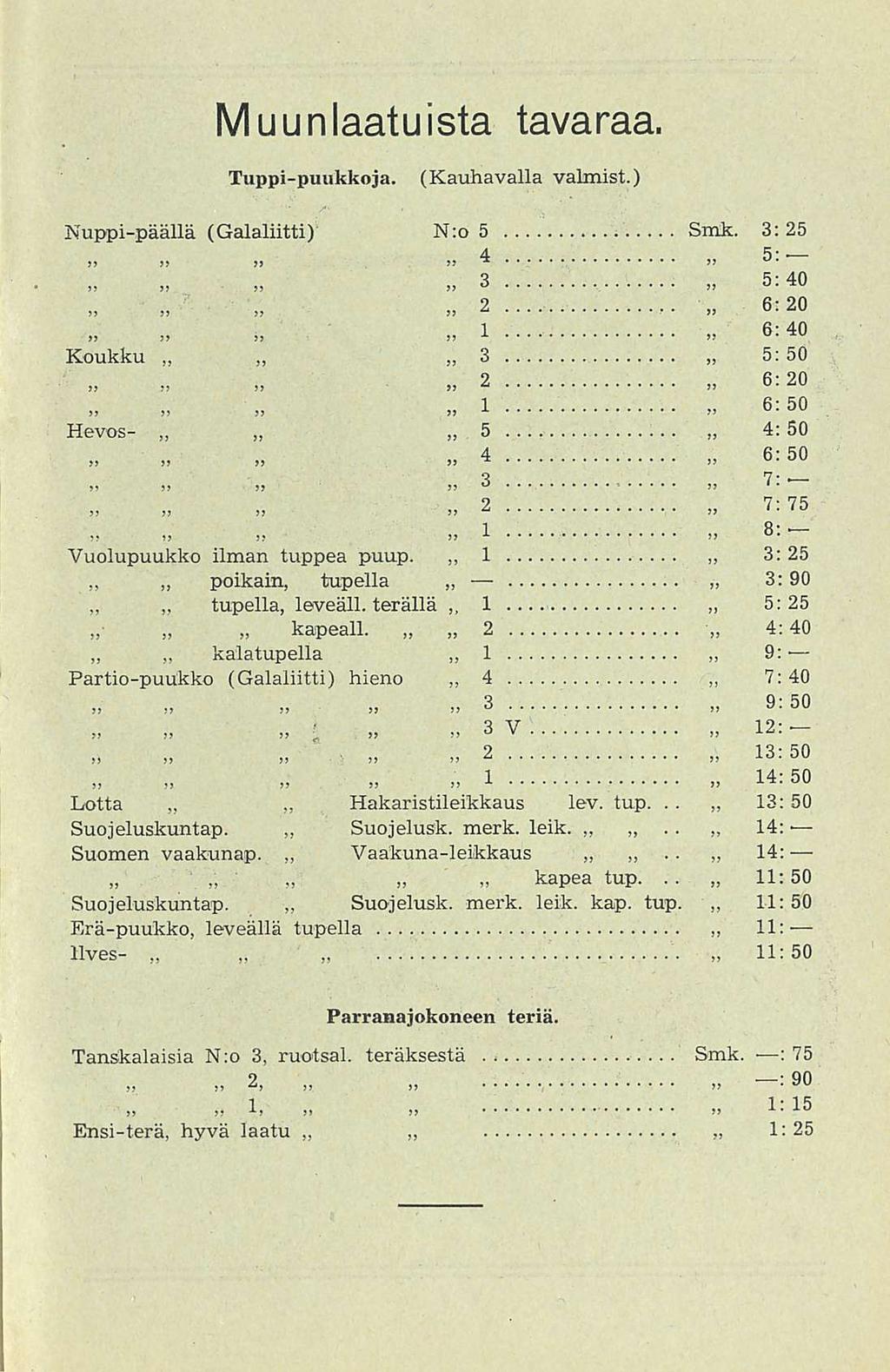 Muunlaatuista tavaraa. Tuppi-puukkoja. (Kauhavalla valmist.). / ' - - v Nuppi-päällä (Galaliitti) N:os 3: 25 )> n n 4 5?)!> 3 5.