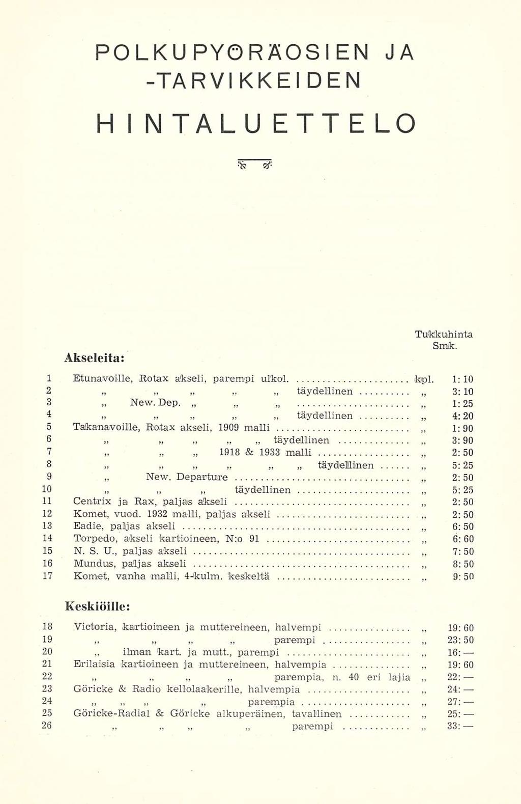 täydellinen ilman parempi parempia, 2: 19; POLKUPYORÄOSIEN JA -TARVIKKEIDEN H I NTALU ETTELO Akseleita: & 1933 8 6:50 1 Etunavoille, Rotax akseli, parempi ulkol kpl. 10 2 3:10 täydellinen 3 New. Dep.