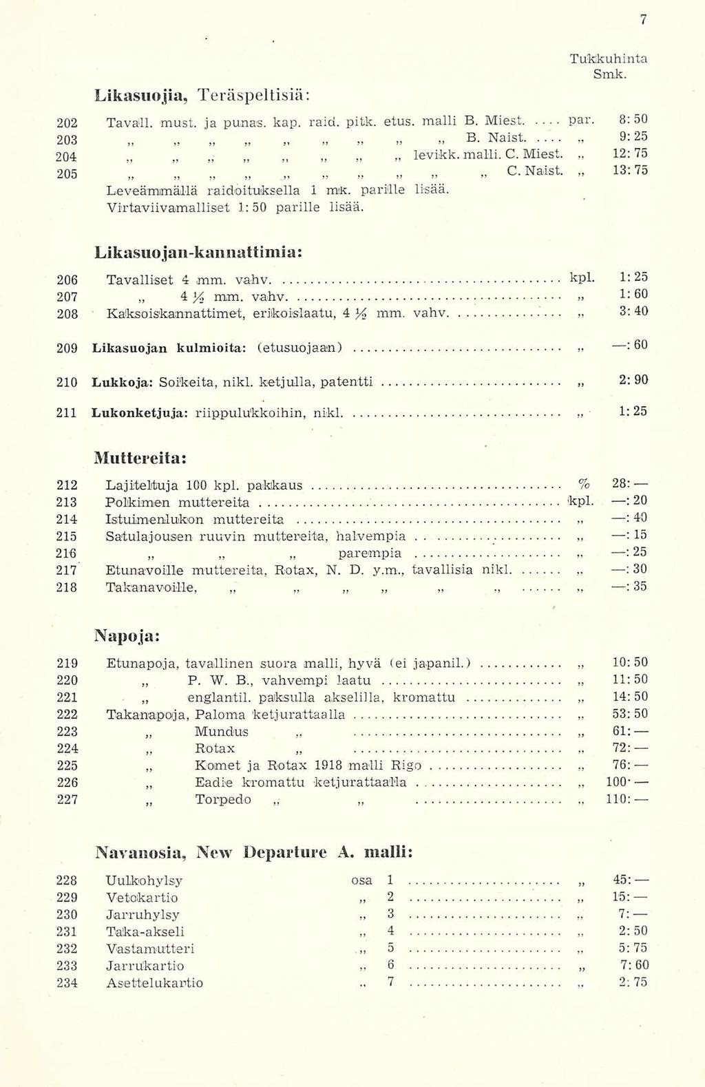 4 P. englanitil. parempia Rotax C. 2 3 4 6 13; 3: Likasuojia, Teräspeltisiä: 202 Tavaili, must. ja punas. kap. raid. pitk. etus. malli B. Miest par. 8: 50 203 B. Naist 9:25 204,i levikk. malli. C. 12:75 Miest.