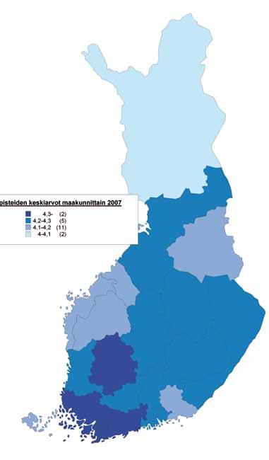 Y l i o p p i l a s t u t k i n t o 2 0 0 8 57 KUVIO 3.2.4 Arvosanapisteiden keskiarvot maakunnittain 2008. Maakuntatasolla arvosanapisteiden keskiarvojen erot ovat hyvin pieniä.