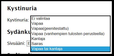 5 Kystinuria Kystinuria-osiossa voidaan hakea koiria kystinuria-statuksen perusteella.