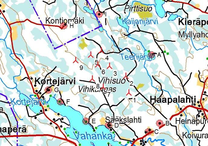 Project: 8K Karstula_Vihisuo DECIBEL - Main Result Calculation: Karstula Vihisuo V117 x 9 x HH160_201602 Noise calculation model: ISO 9613-2 General Wind speed: 8,0 m/s Ground attenuation: General,