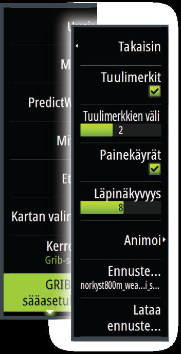 Tässä valikossa voit valita näytettävät sääsymbolit, määrittää tuulimerkkien välisen etäisyyden ja säätää sääsymbolien läpinäkyvyyttä.