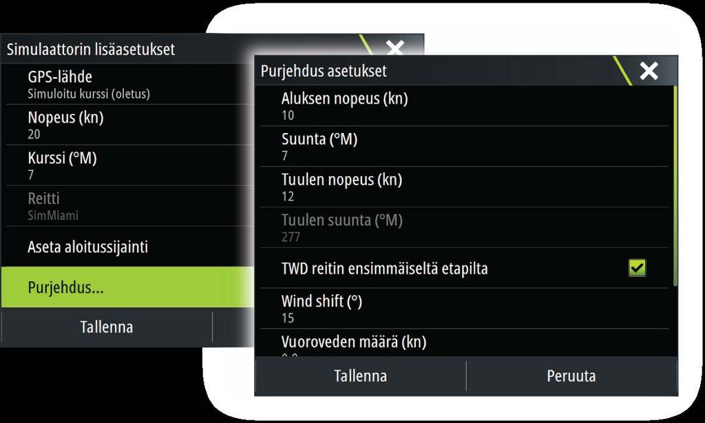 tai Simulated route (Simuloitu reitti). Muutoin nopeus, kurssi ja muut GPStiedot saadaan valitusta lähdetiedostosta.