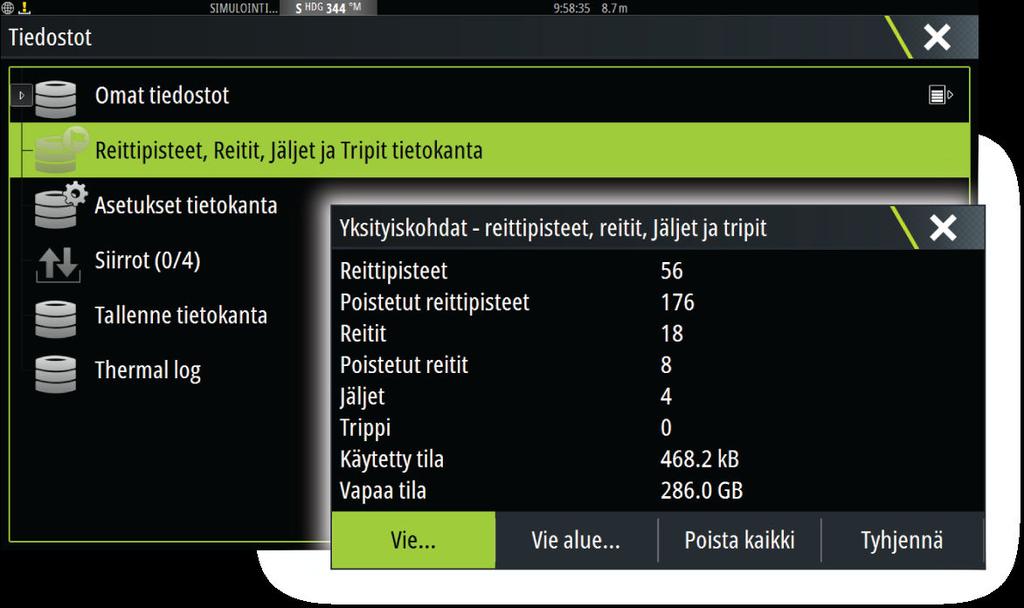 Kaikkien reittipisteiden, reittien ja jälkien vienti Vientitoiminnolla voit varmuuskopioida kaikki järjestelmässä olevat reittipisteet, reitit, jäljet ja tripit.