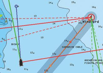 A: ohjaussuunta B: kurssi maan päällä (COG) Keulalinjojen pituudet asetetaan joko kiinteäksi etäisyydeksi tai osoittamaan matkaa, jonka alus liikkuu tiettynä aikana.