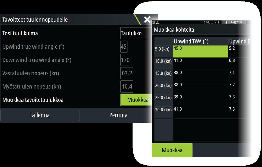 Pituus Määrittää leikkareiden pituuden. Kohteet Määrittää kohteen tietylle todelliselle tuulennopeudelle (True Wind Speed, TWS).