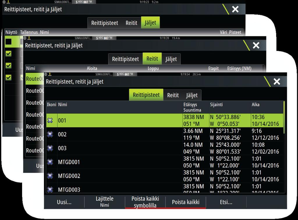Reittipisteet-, Reitit- ja Jäljet-valintaikkunat Reittipisteet-, Reitit- ja Jäljet-valintaikkunoissa on lisää näille kohteille suunniteltuja muokkaustoimintoja ja