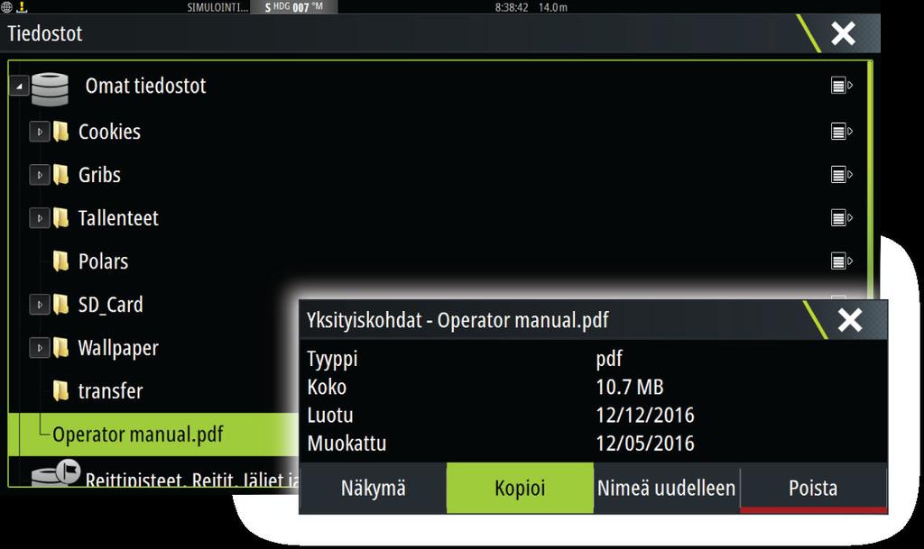 Käyttöohjeen selaaminen näytössä Yksikköön sisältyy PDF-katseluohjelma, jonka avulla käyttöohjeita ja muita PDF-tiedostoja pystyy lukemaan laitteen näytössä. Käyttöohjeet voi ladata osoitteesta www.