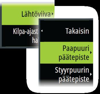 Lähtöviivapaneelissa näytetään seuraavat tiedot: DIST P etäisyys lähtöviivan paapuurinpuoleiseen päähän DIST BEHIND LINE etäisyys lähtöviivaan (kohtisuora) DIST P etäisyys lähtöviivan