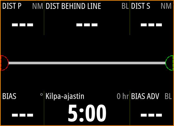 1. Lähesty lähtöviivan paapuurinpuoleista päätä. 2. Kun vene saavuttaa lähtöviivan paapuurinpuoleisen pään, avaa valikko ja valitse Lähtöviiva, Paapuuri päätepiste ja sitten Ping paapuuri.