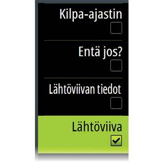 Lähtöviivan näyttö Valitsemalla Lähtöviiva-valikon asetuksen voit näyttää lähtöviivan näytön kilpanäytöllä.